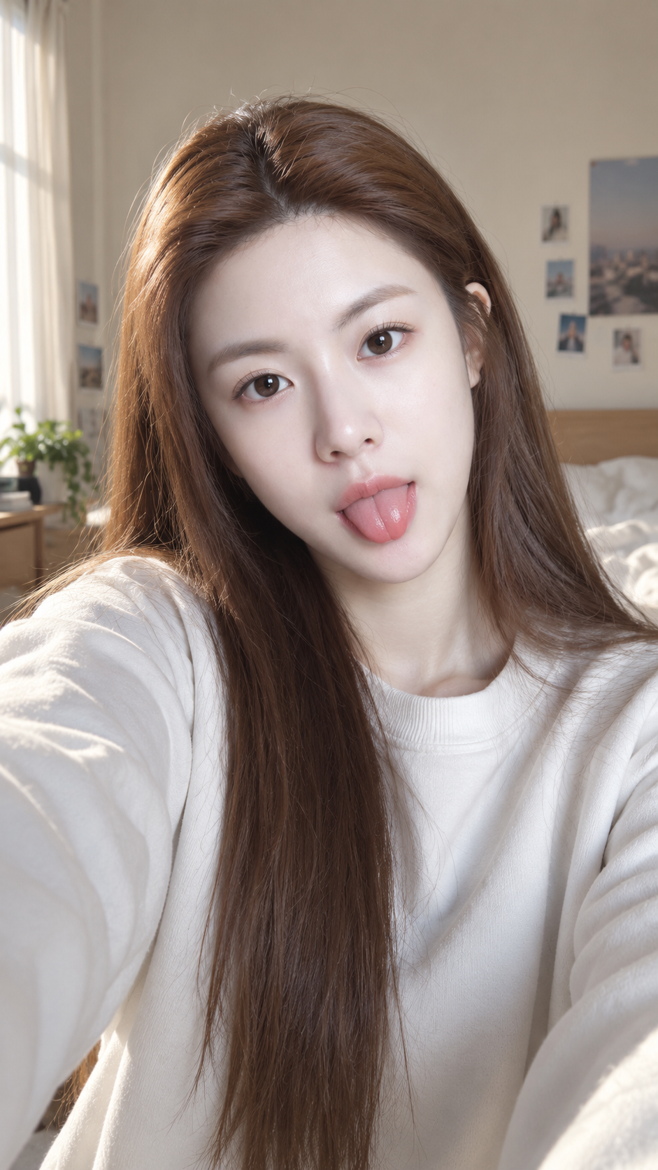 卧室自然光中的成年女性俏皮自拍 — AI image creation