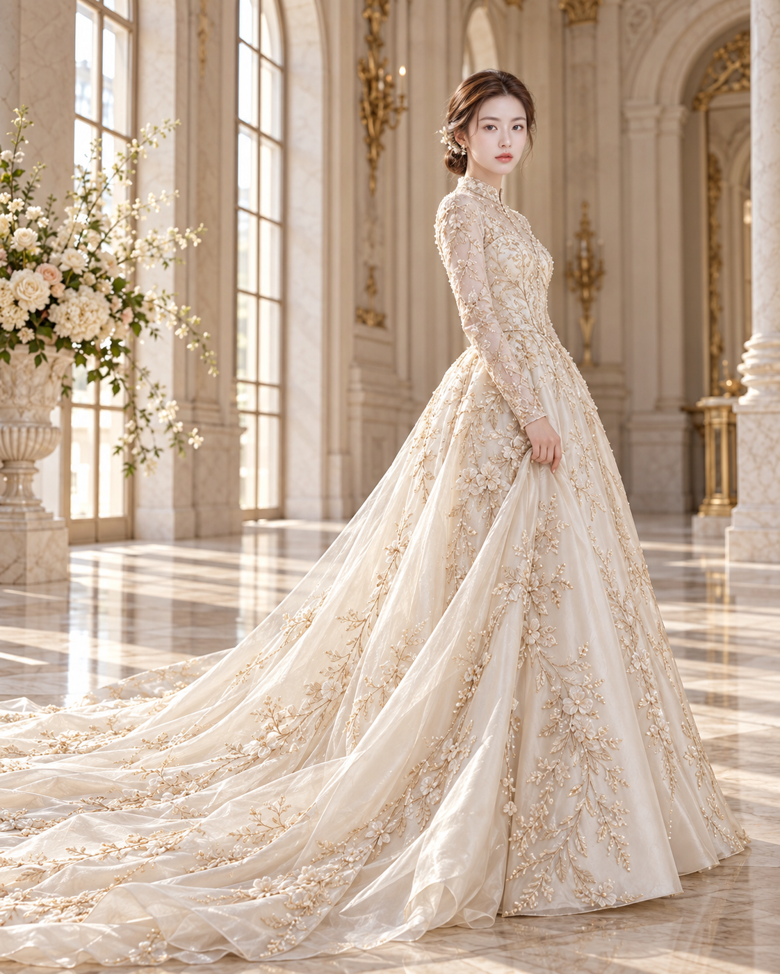 香槟刺绣婚纱成年女性奢华社论海报 — AI image creation