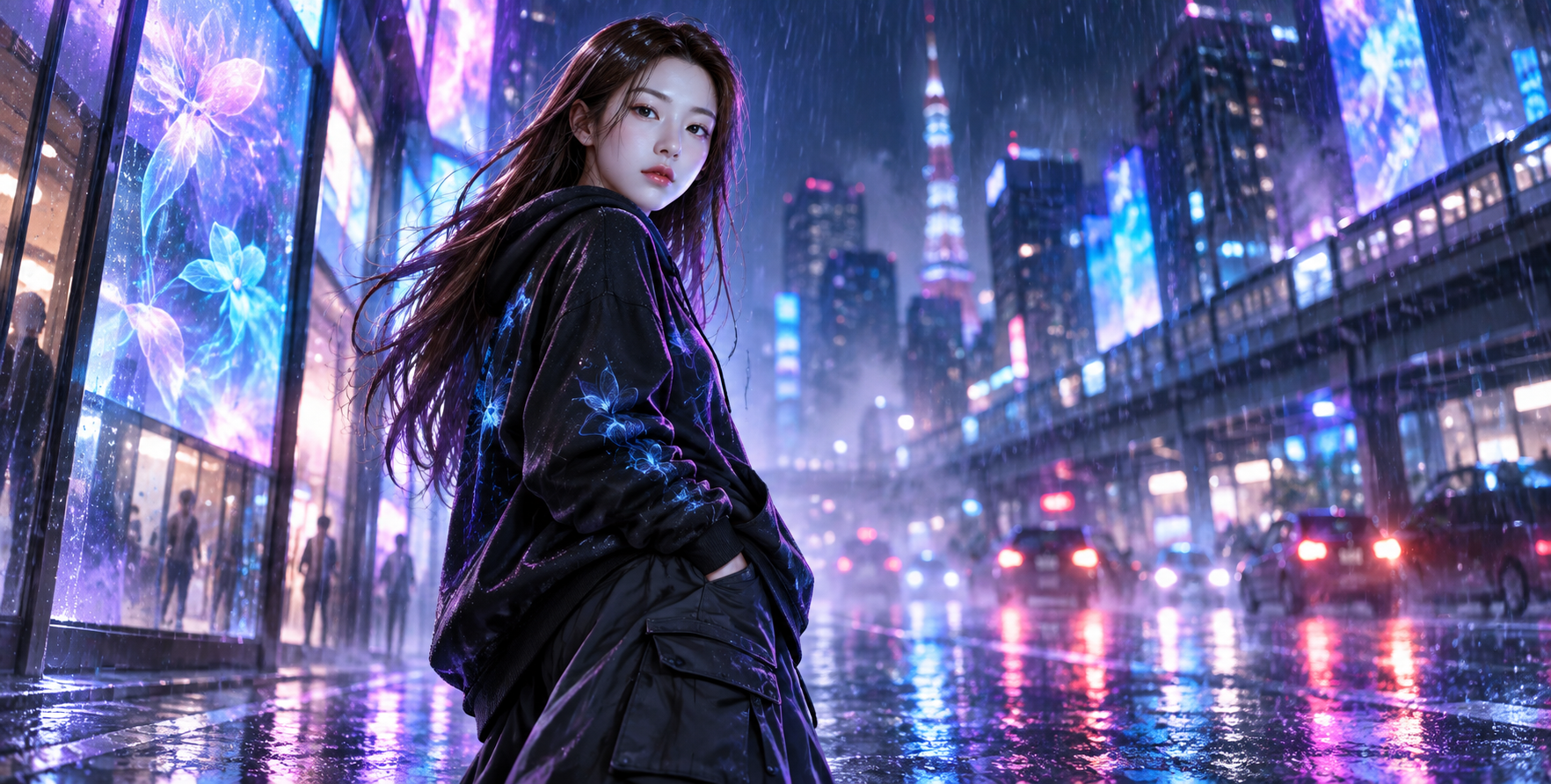 霓虹雨夜东京街头成年角色动画插画 — AI image creation