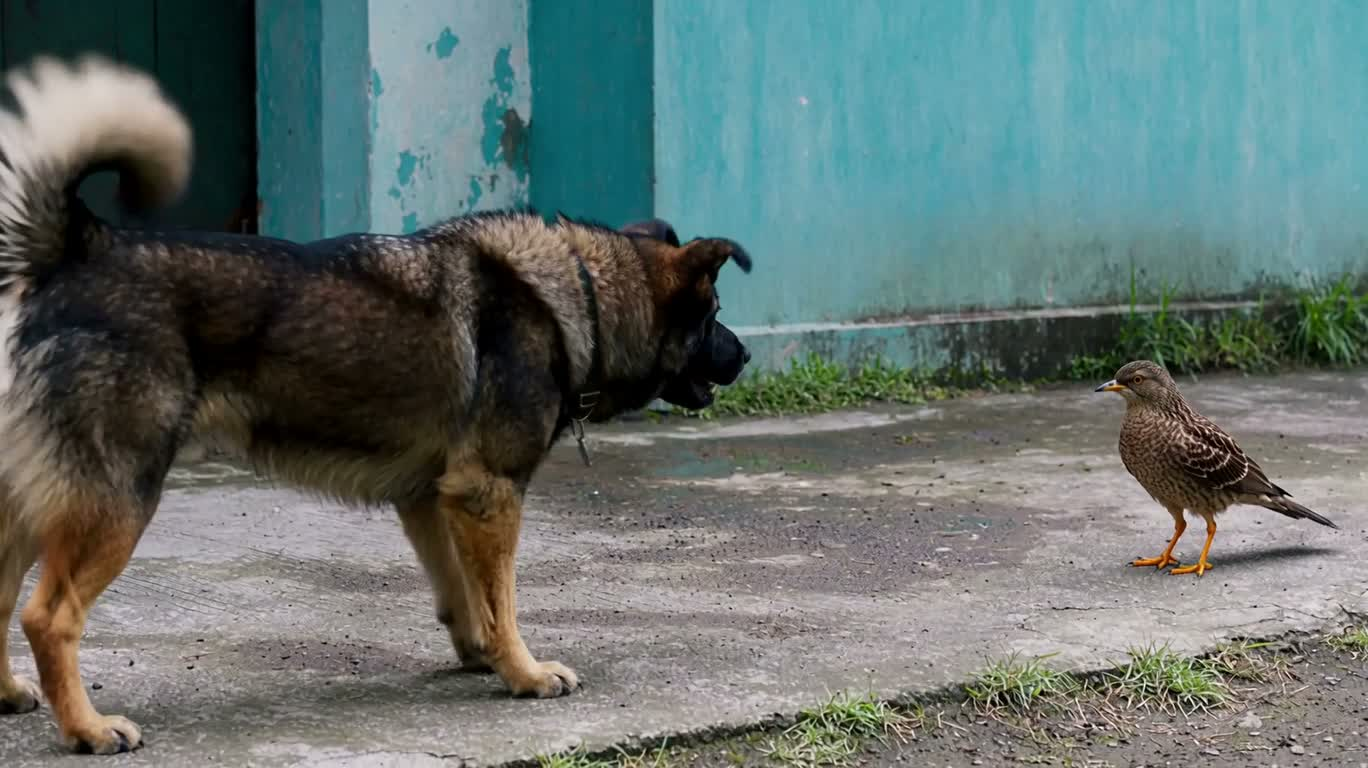 犬が鳥に吠えた後、静かに座る — AI video creation