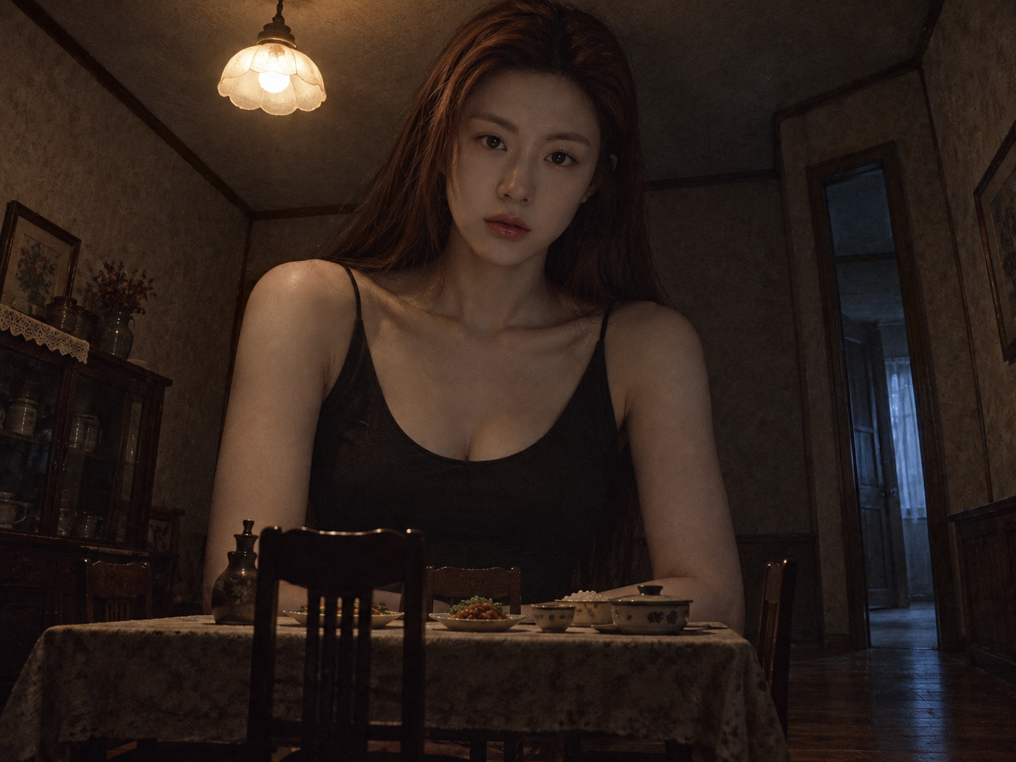 失衡比例下的黑暗家庭晚餐恐怖电影感画面 — AI image creation