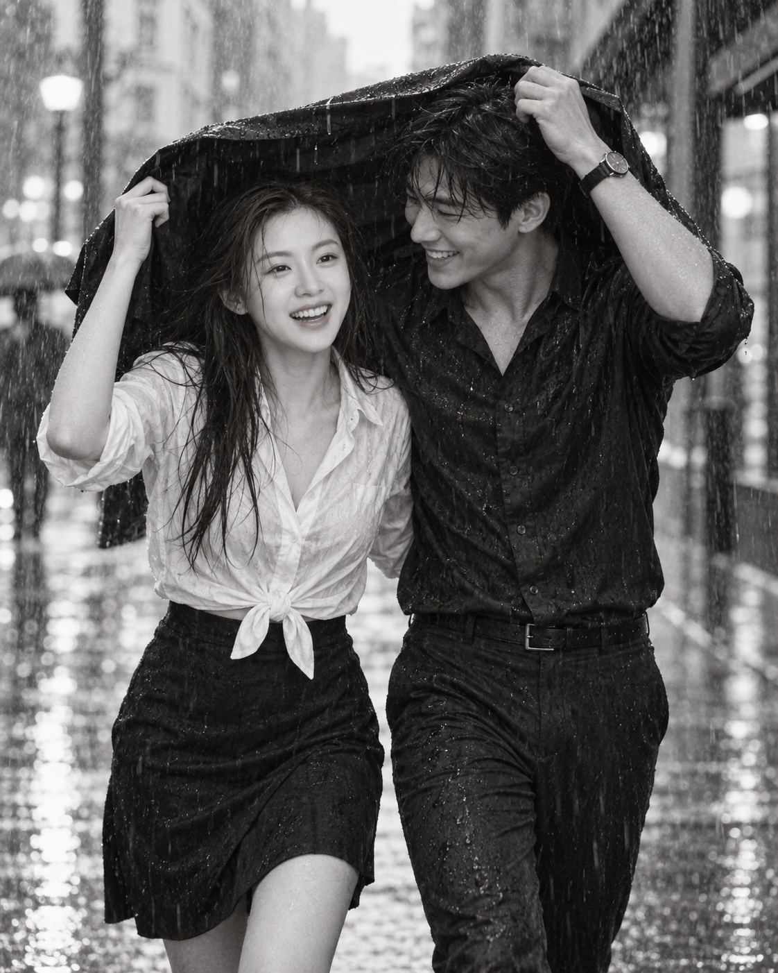 暴雨街头共撑夹克的黑白纪实瞬间 — AI image creation