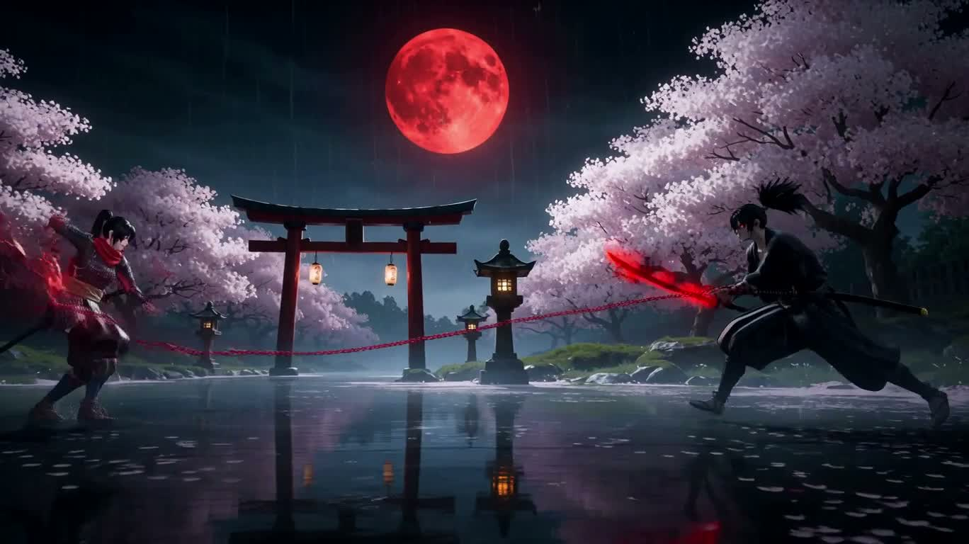 赤月雨夜:双影刀客对决链镰女忍 — AI video creation