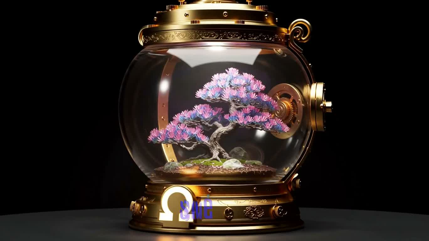 スチームパンクのガラス瓶の中のピンクと青の盆栽 — AI video creation