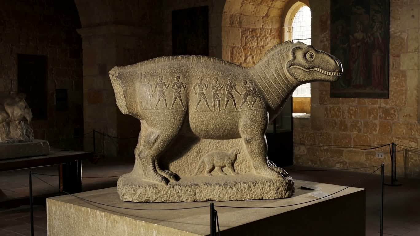 Musée des sculptures en pierre de dinosaures celtiques — AI video creation