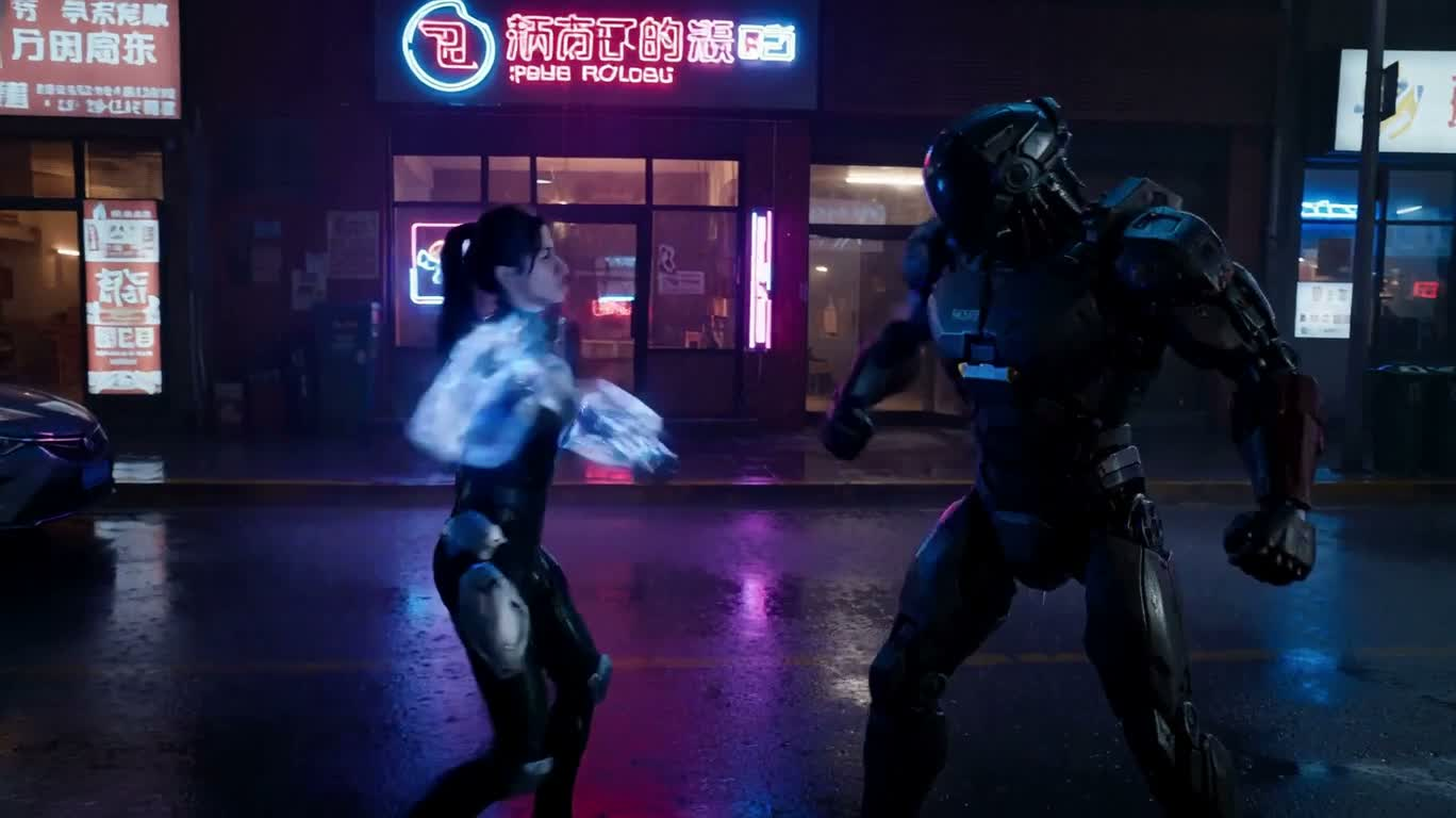 Duel d'énergie dans la rue néon — AI video creation