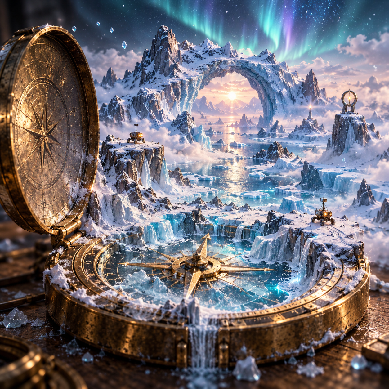 古铜罗盘释放荧光极地群岛的3D微缩世界 — AI image creation
