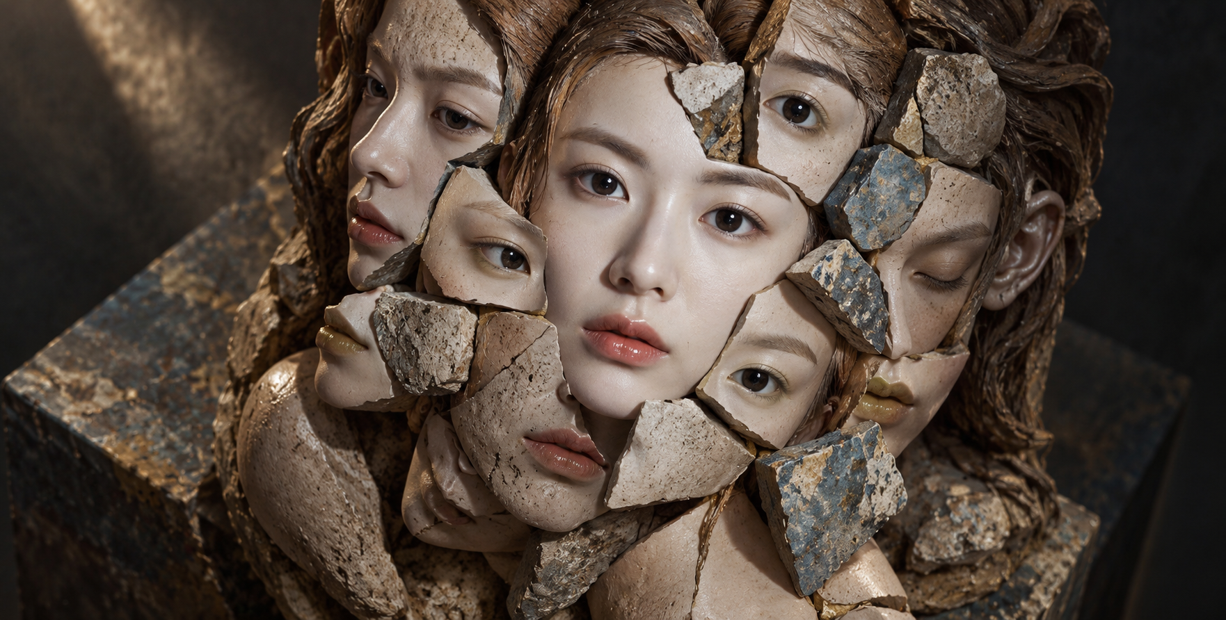 超现实碎片人脸雕塑拼贴 — AI image creation