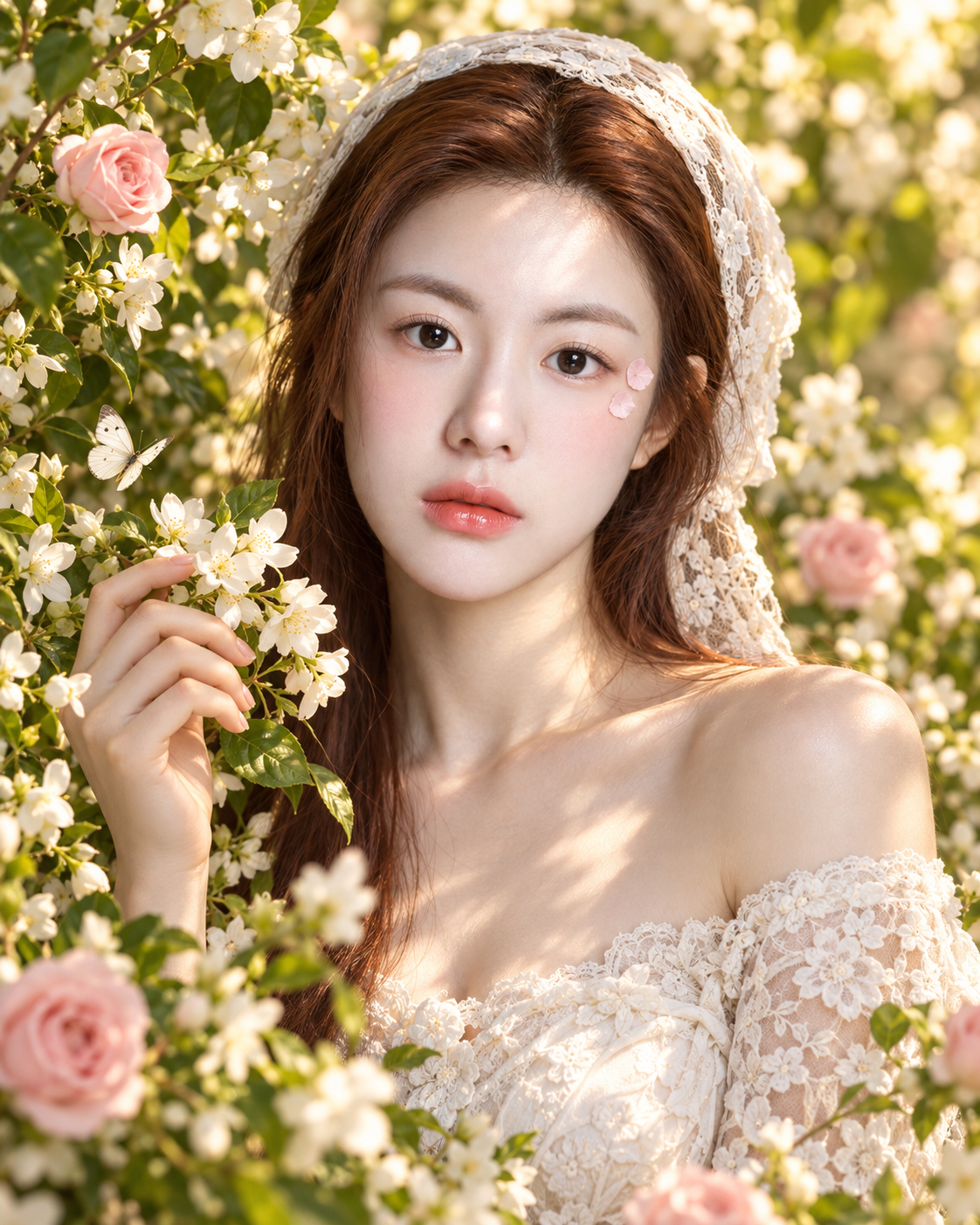 茉莉与粉玫瑰间成年女性蕾丝肖像 — AI image creation