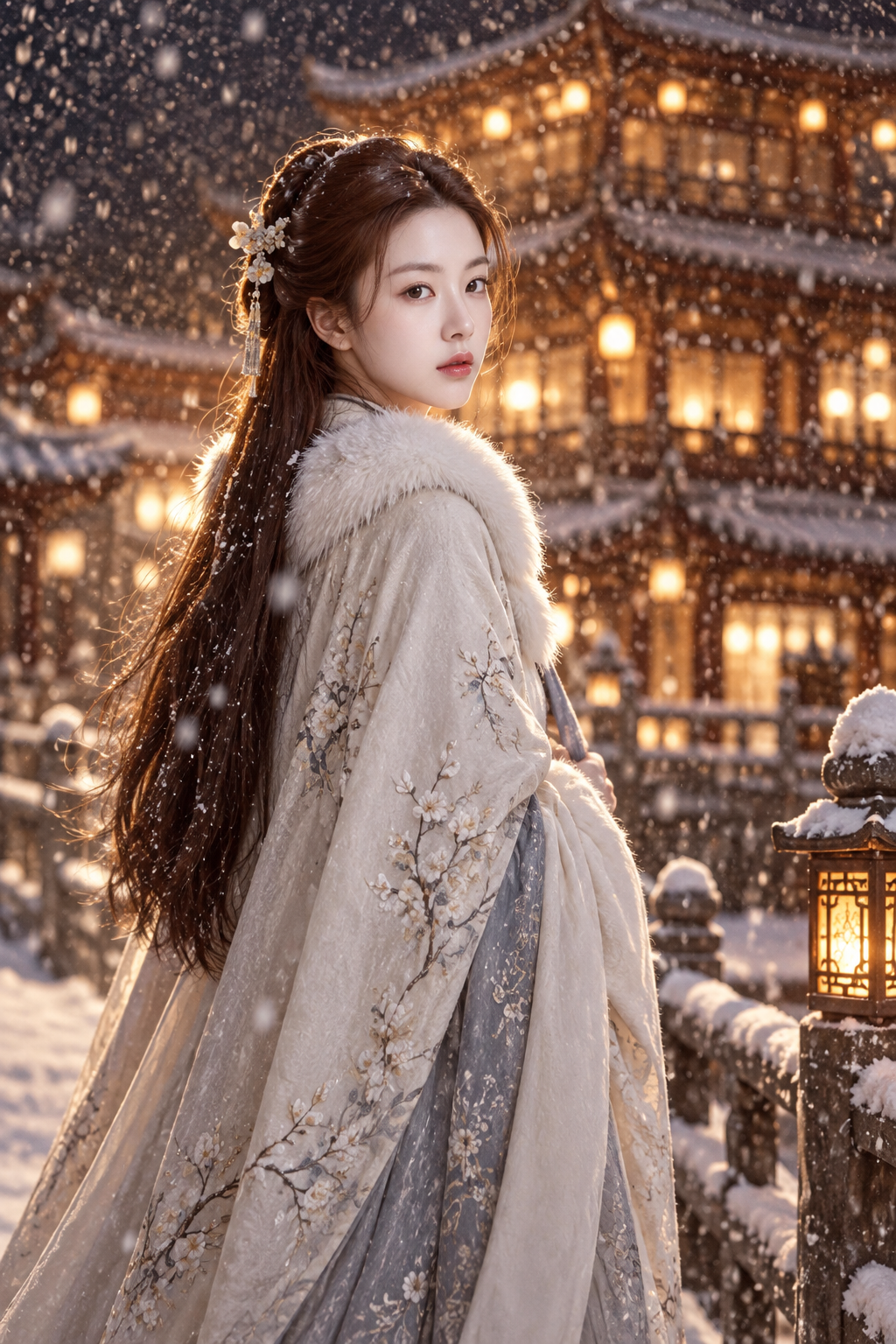 东亚古风雪夜回眸电影感人像 — AI image creation