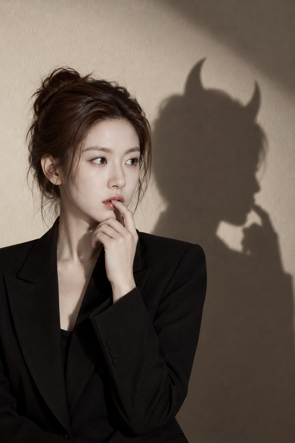 검은 정장과 각진 그림자의 심리적 초상