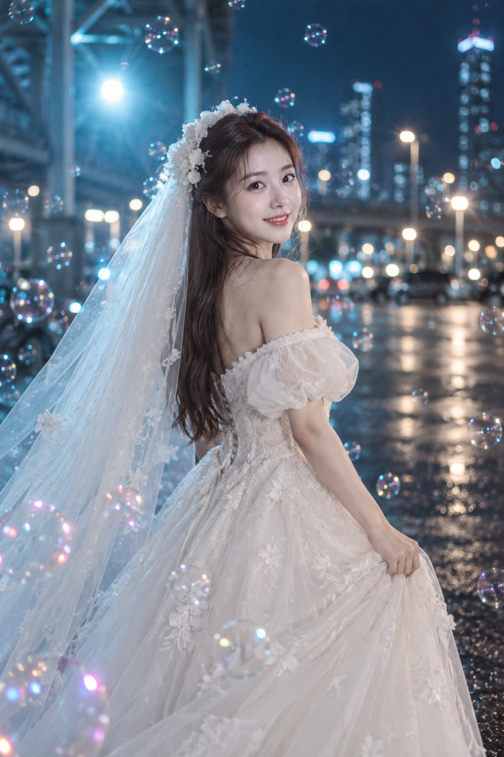 电影感都市夜色成年新娘泡泡人像 — AI image creation