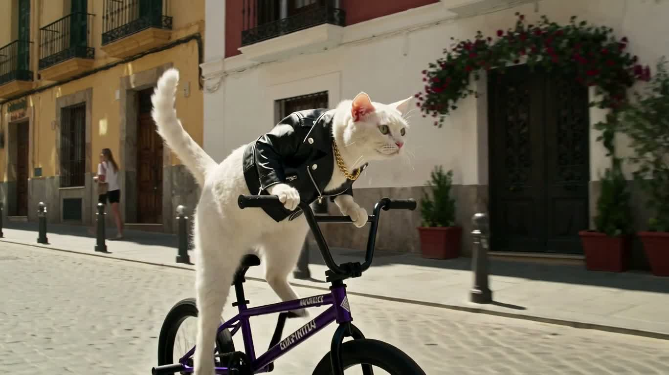马拉加街头紫色BMX白猫骑行 — AI video creation