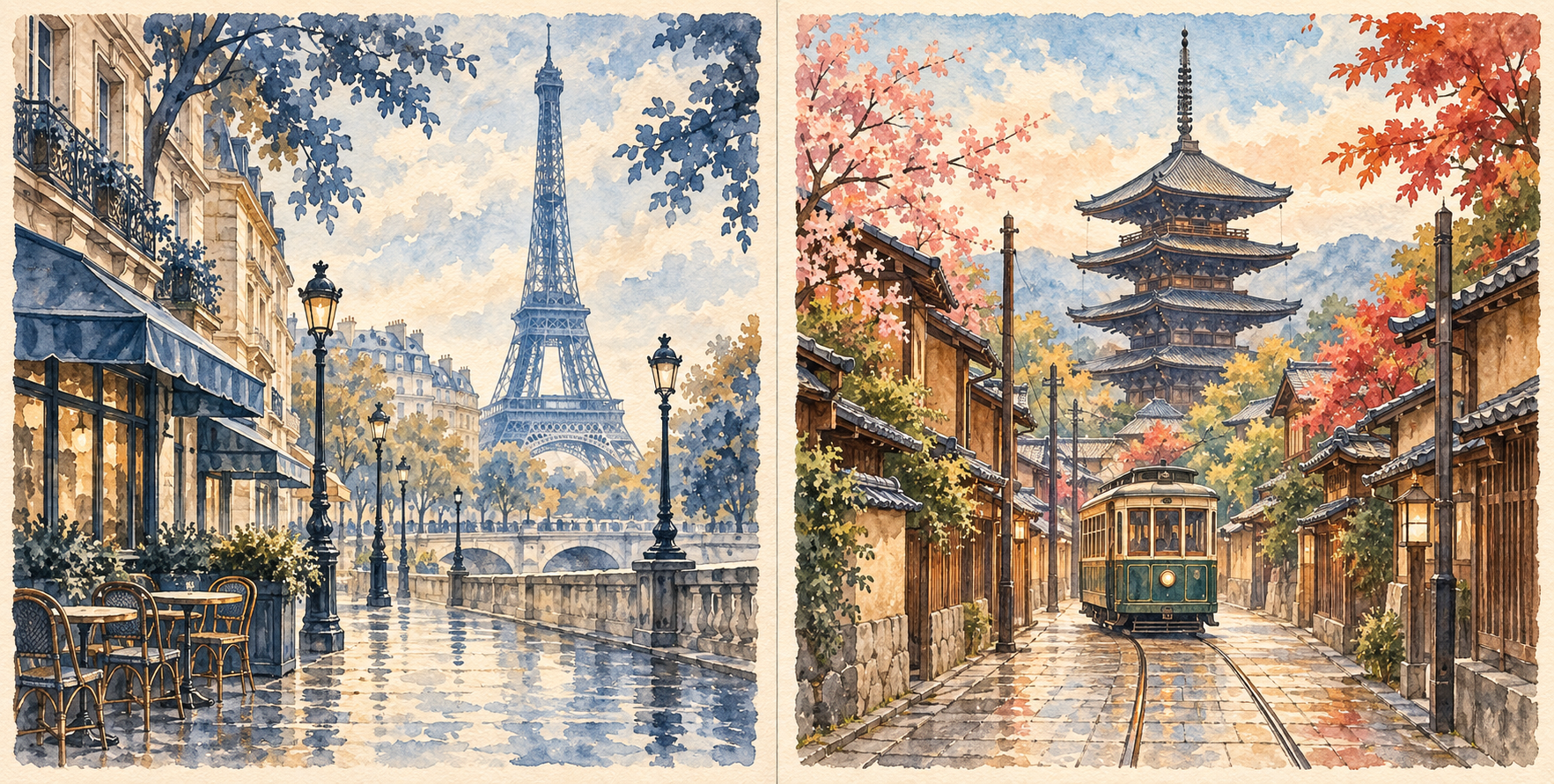 巴黎与京都复古水彩旅行海报双联画 — AI image creation