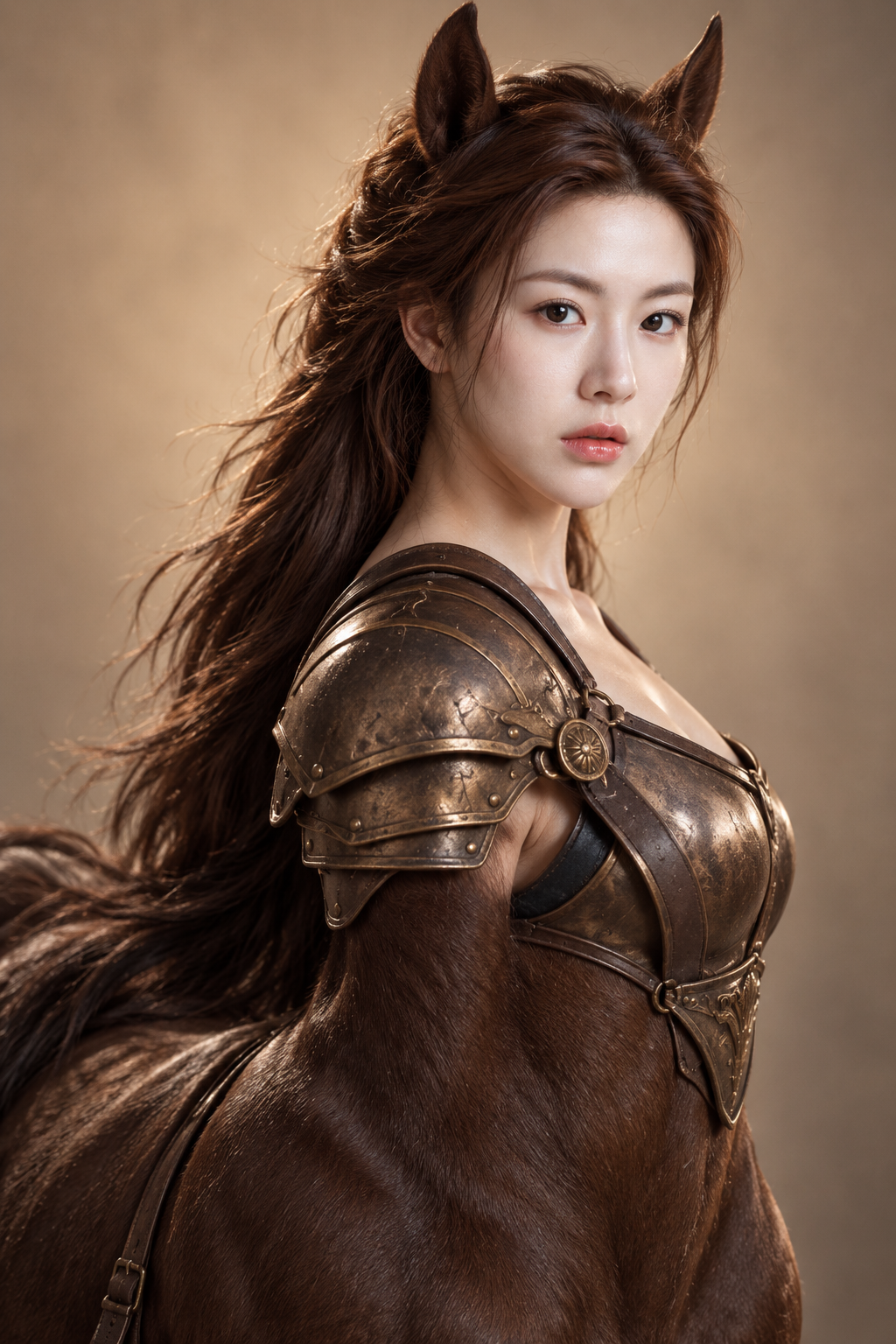 暖米色影棚中的成年女性半人马战士肖像 — AI image creation