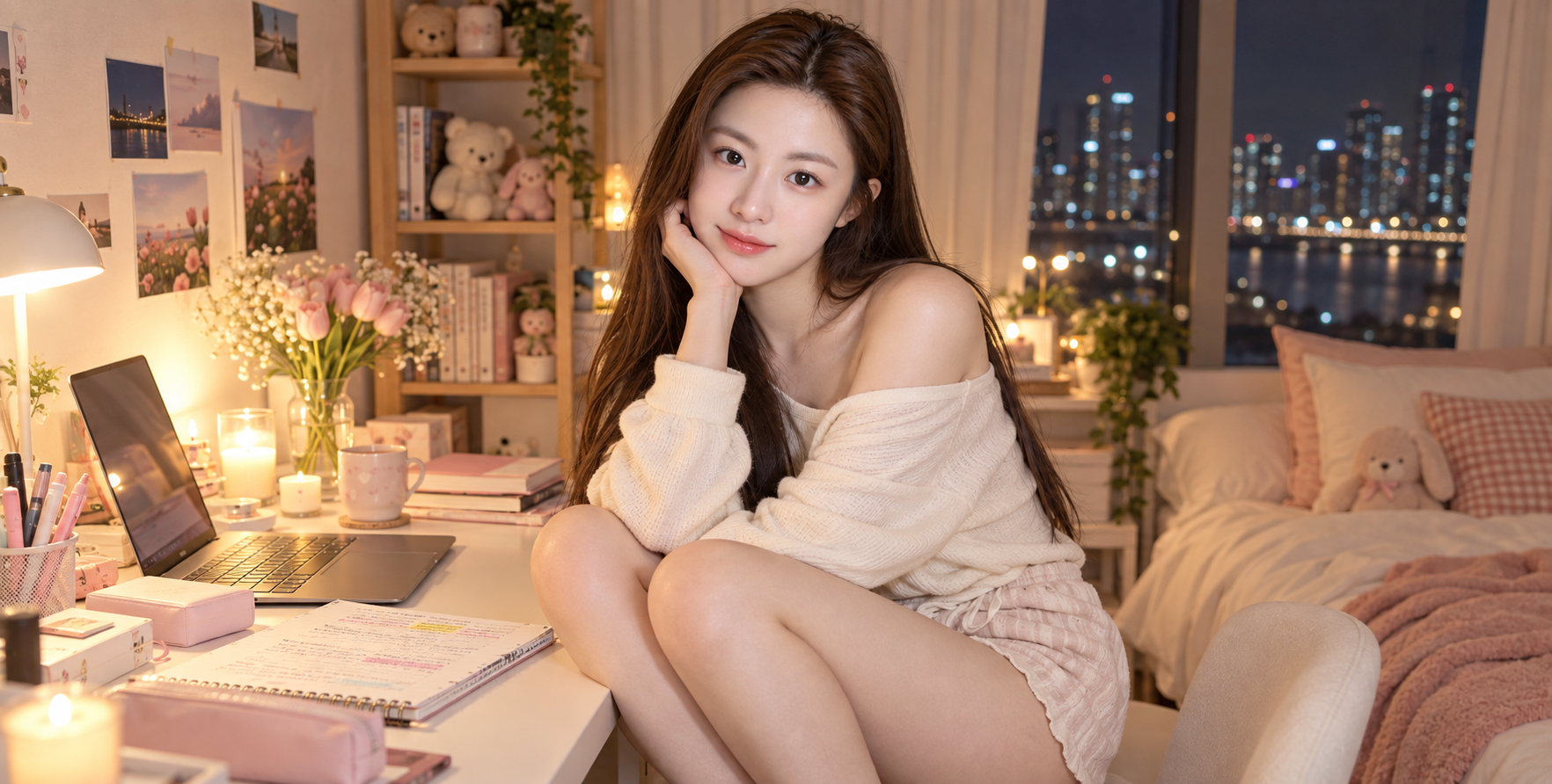 奶油色韩系成年女性深夜书房生活写真 — AI image creation