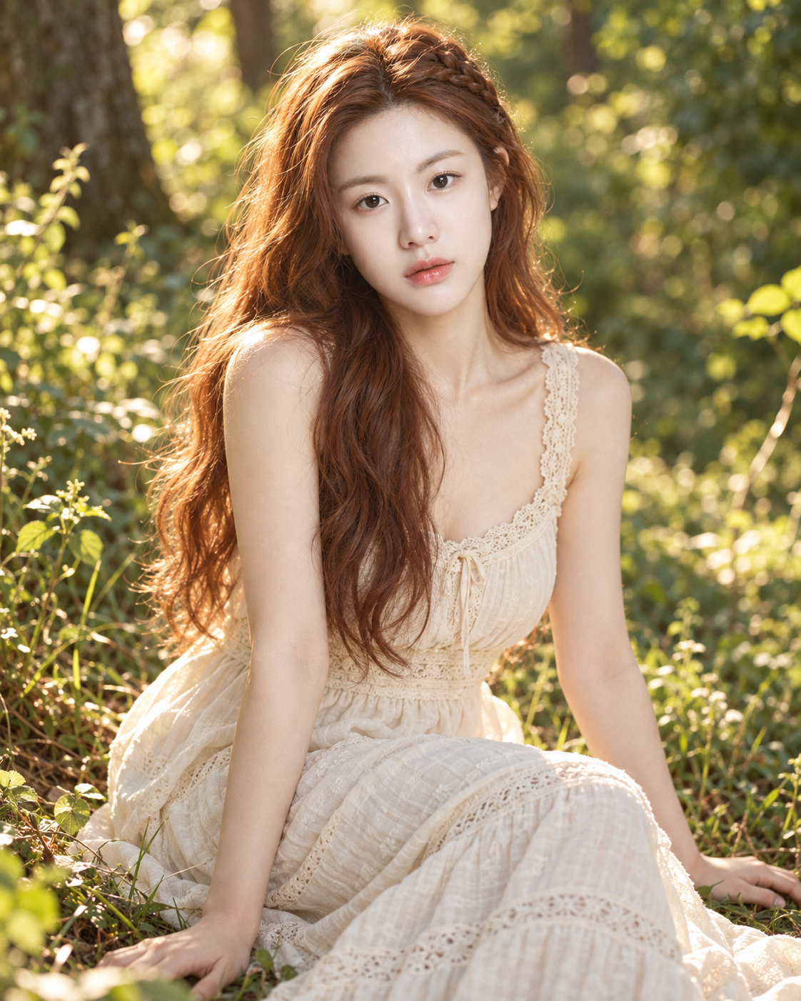 金色林间光影中的成年女性复古肖像 — AI image creation