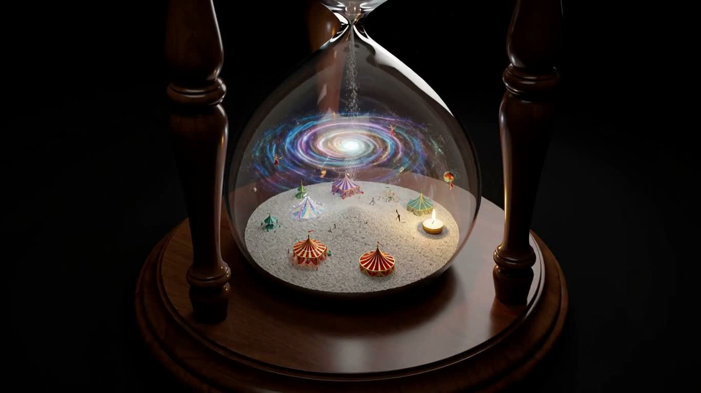 大理石沙漏中的星际幻剧场 — AI video creation