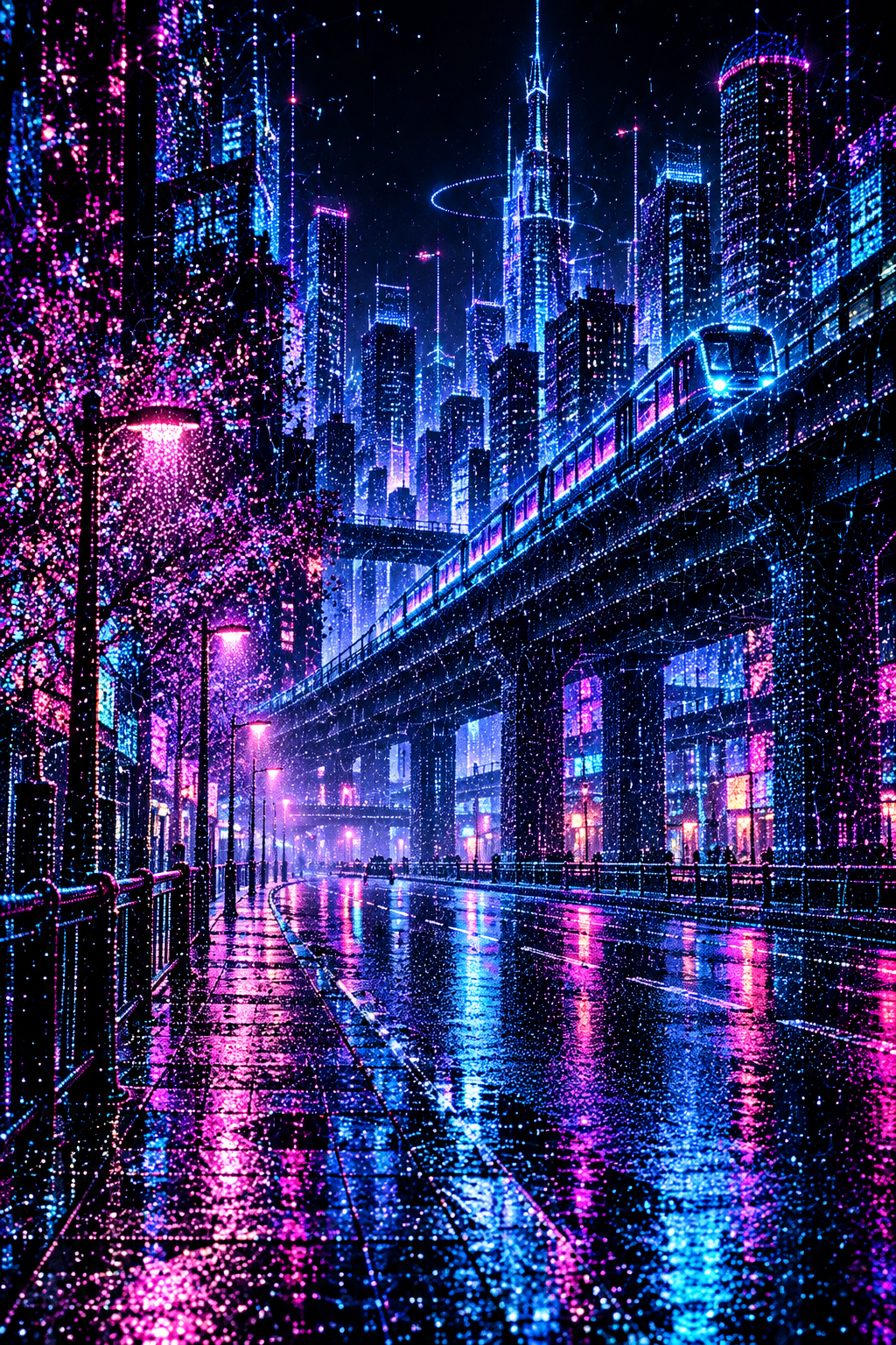 霓虹点彩赛博朋克城市梦境插画 — AI image creation