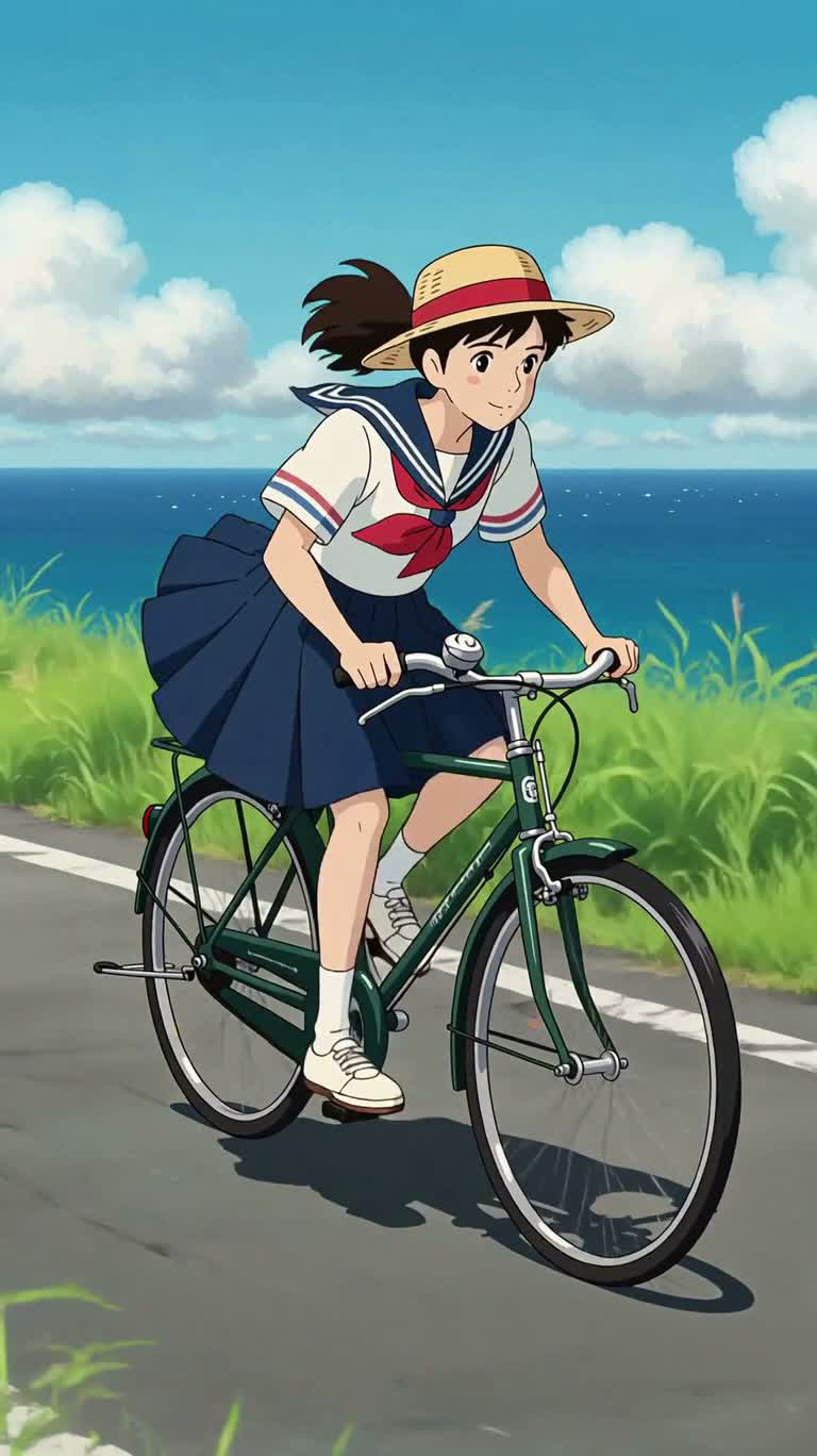 海风中的自行车少女