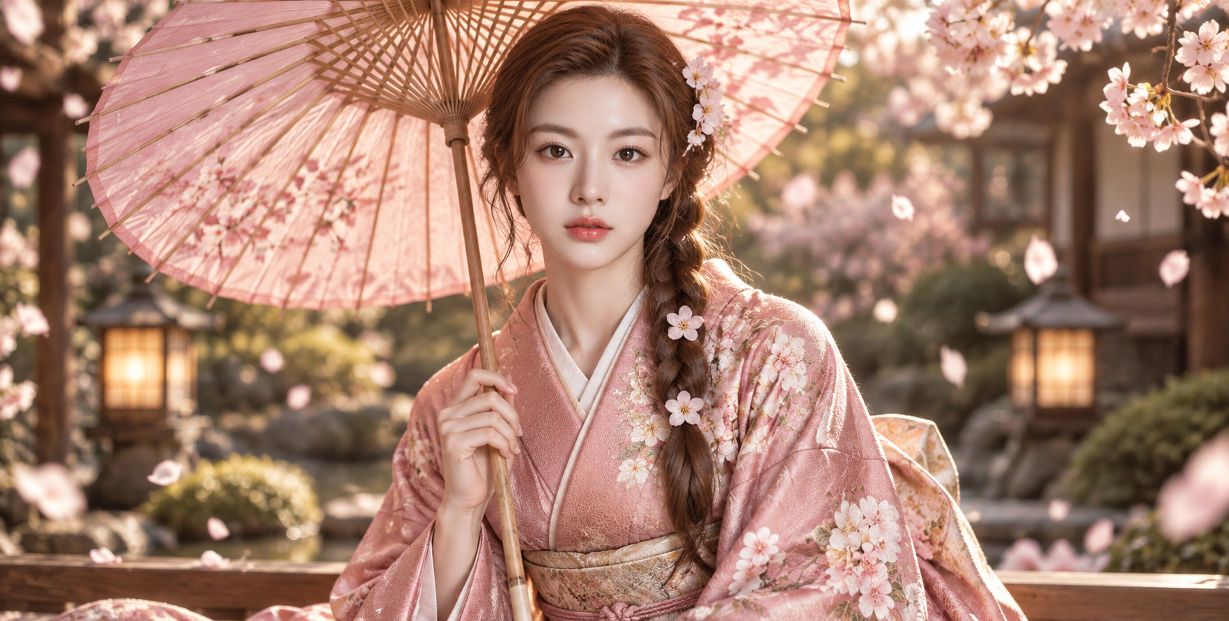 京都樱花庭园粉色和服肖像 — AI image creation