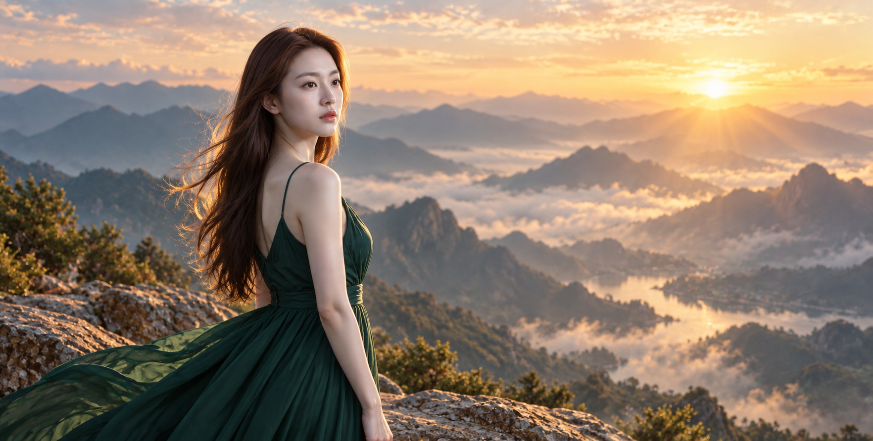 晨曦悬崖边的翠绿倩影 — AI image creation