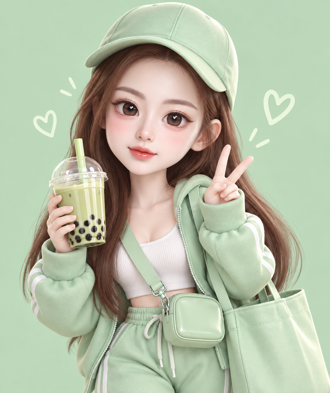 超萌皮克斯风薄荷绿运动系Q版少女 — AI image creation