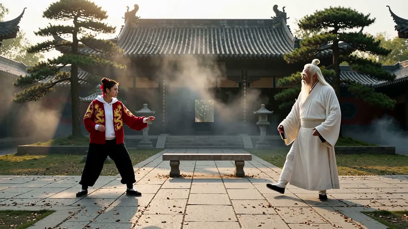 晨雾古寺 kung fu 对决 — AI video creation