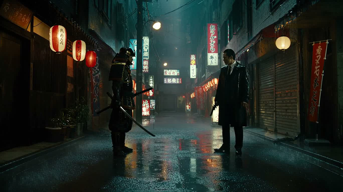 霓虹雨巷:武士对决 — AI video creation