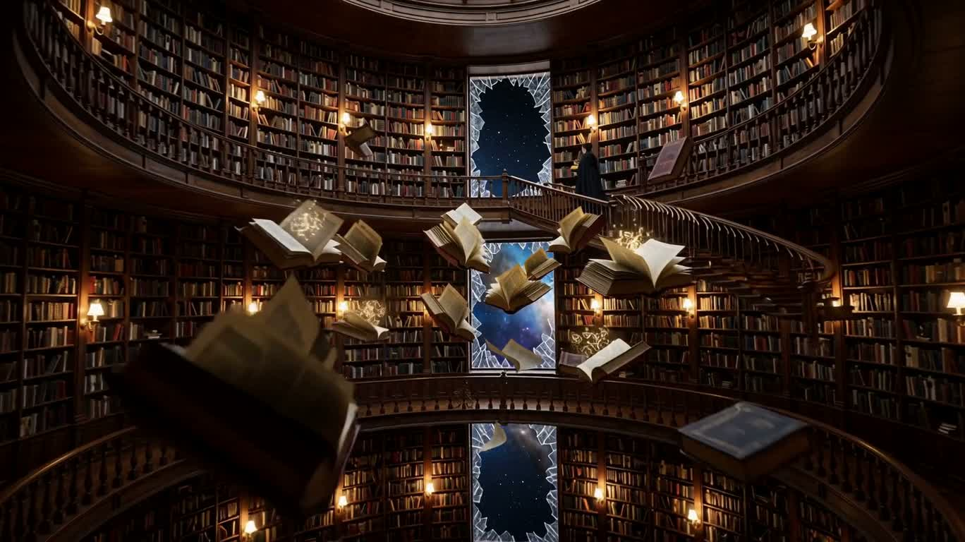 黑洞环绕的无限图书馆 — AI video creation