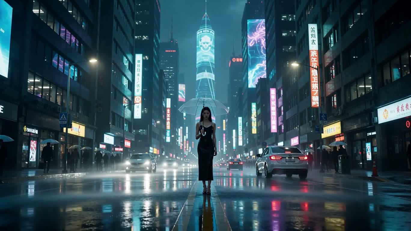 赛博朋克雨夜伞影