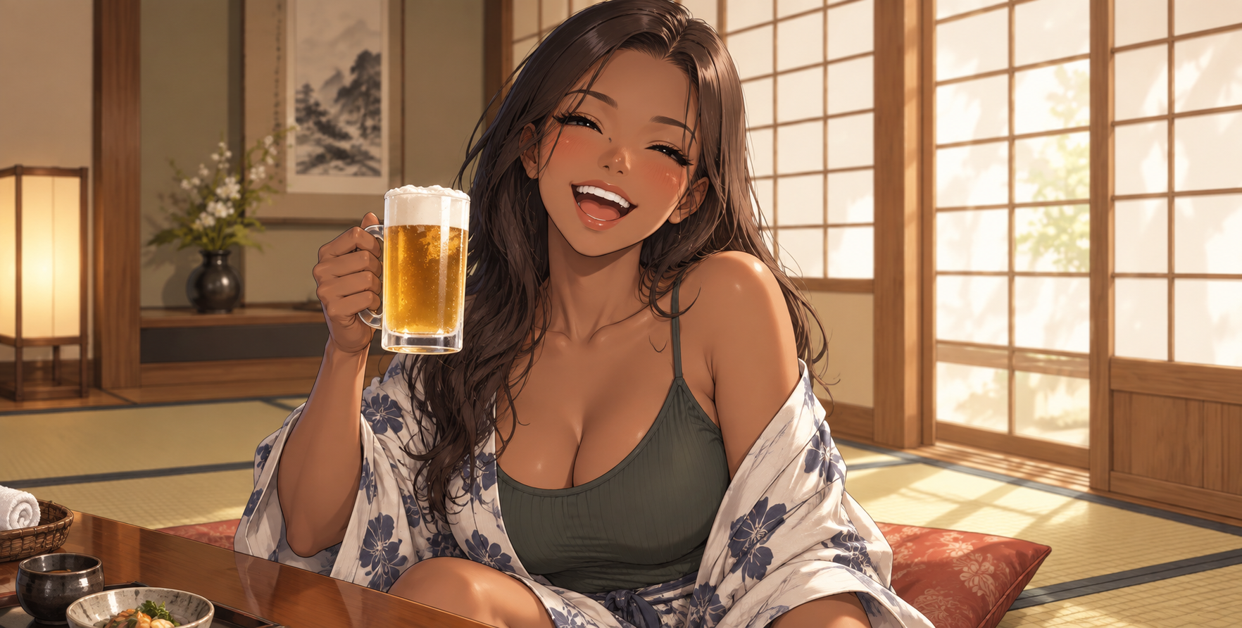 日式旅馆里举杯畅饮的开朗黑皮美少女 — AI image creation