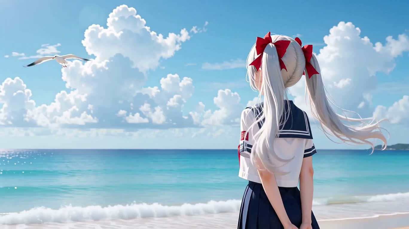 海边银发少女的夏日微笑 — AI video creation