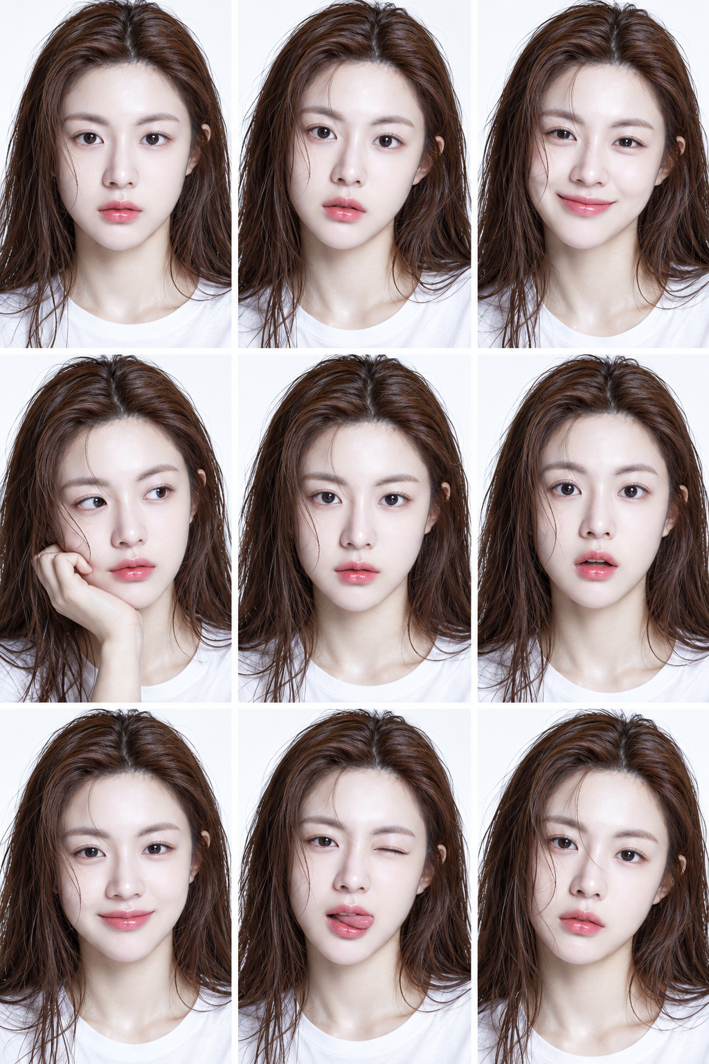 纯白影棚湿发九宫格成年女性表情肖像 — AI image creation