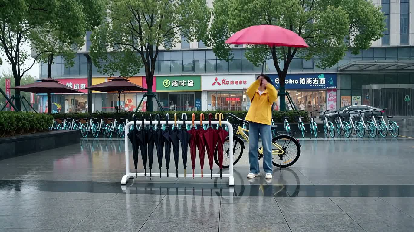 雨中伞阵失控:仙侠姐姐被风吊起 — AI video creation