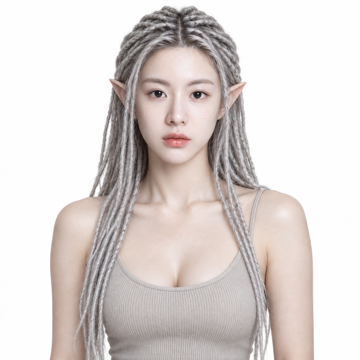 超写实银发脏辫精灵耳女神半身像 — AI image creation