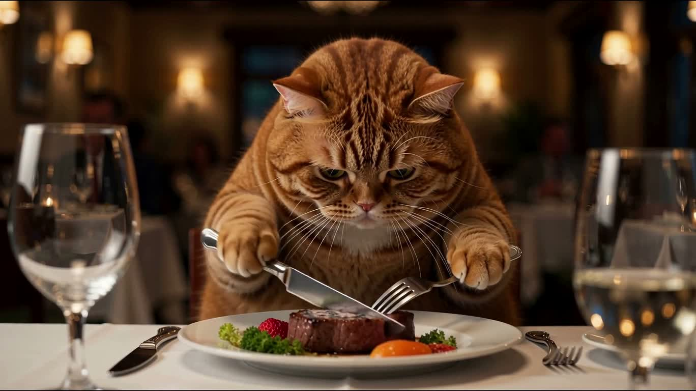 暖かな光の食卓のターメリック色の猫 — AI video creation
