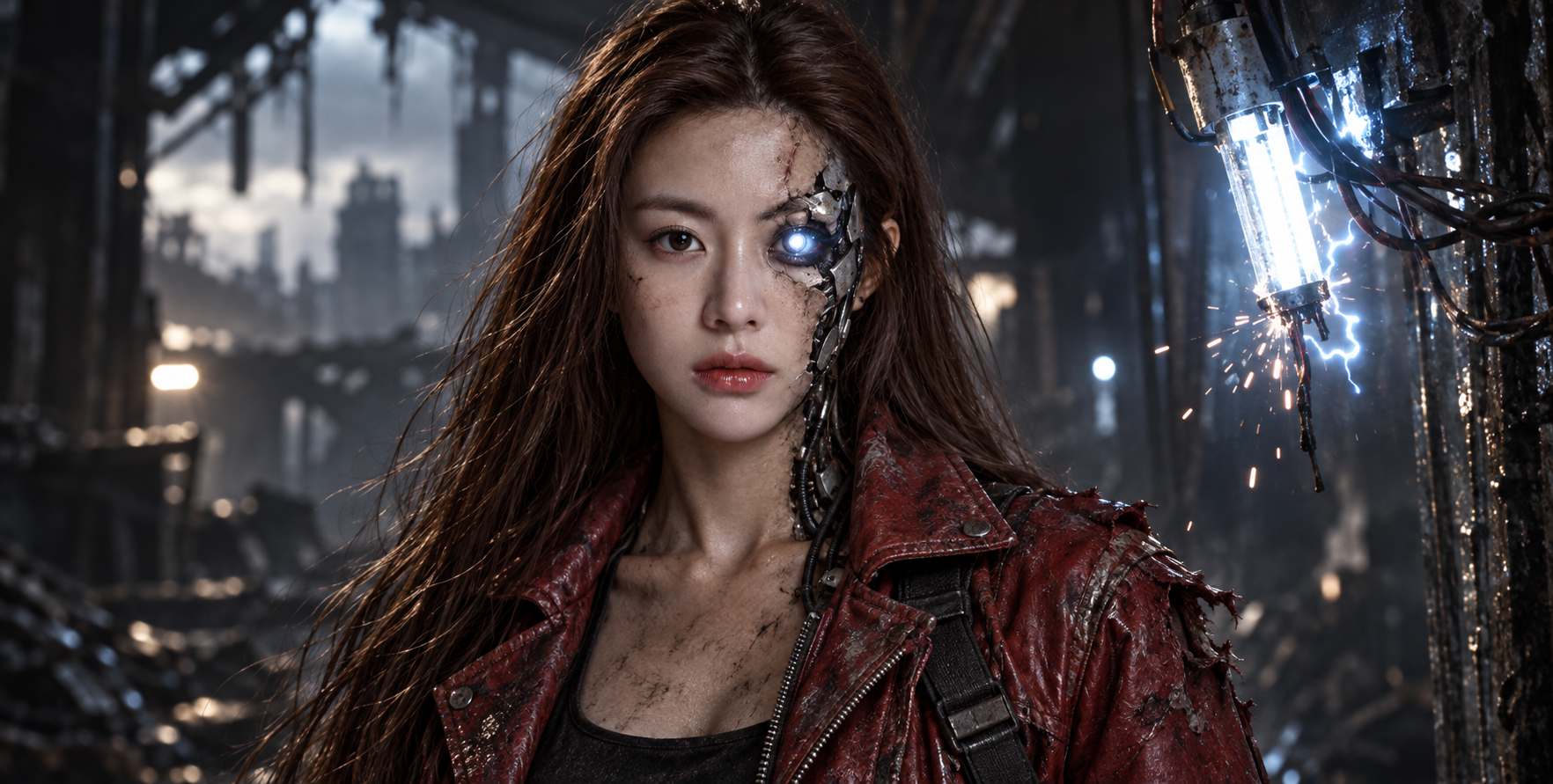 战损红衣女终结者半脸机械骨骼 — AI image creation
