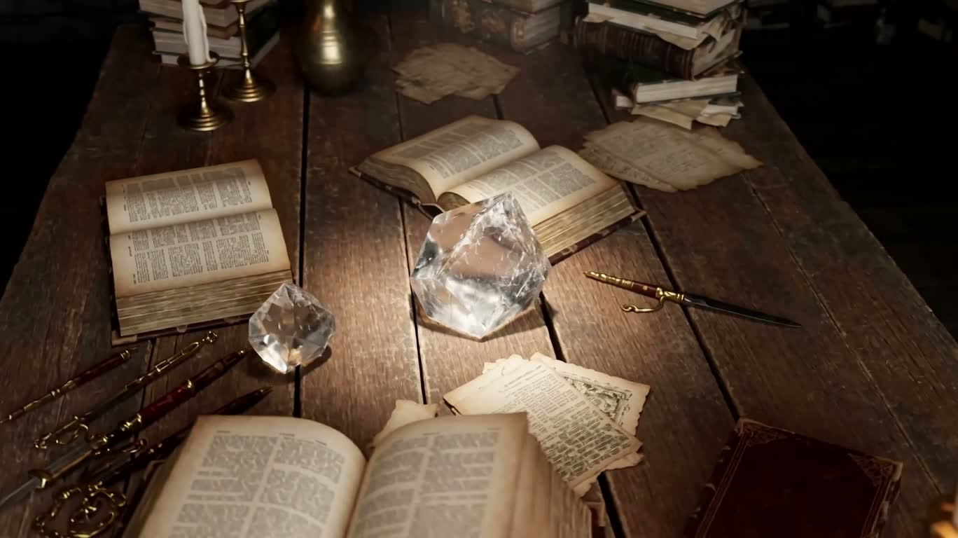 Кристаллы и книги заклинаний в мастерской волшебника — AI video creation