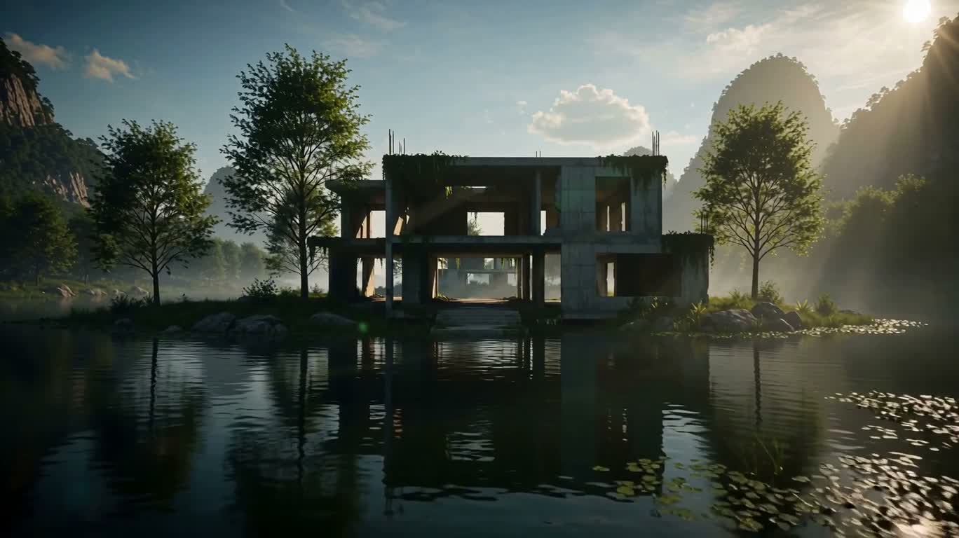 漂浮水上废墟建筑幻境 — AI video creation