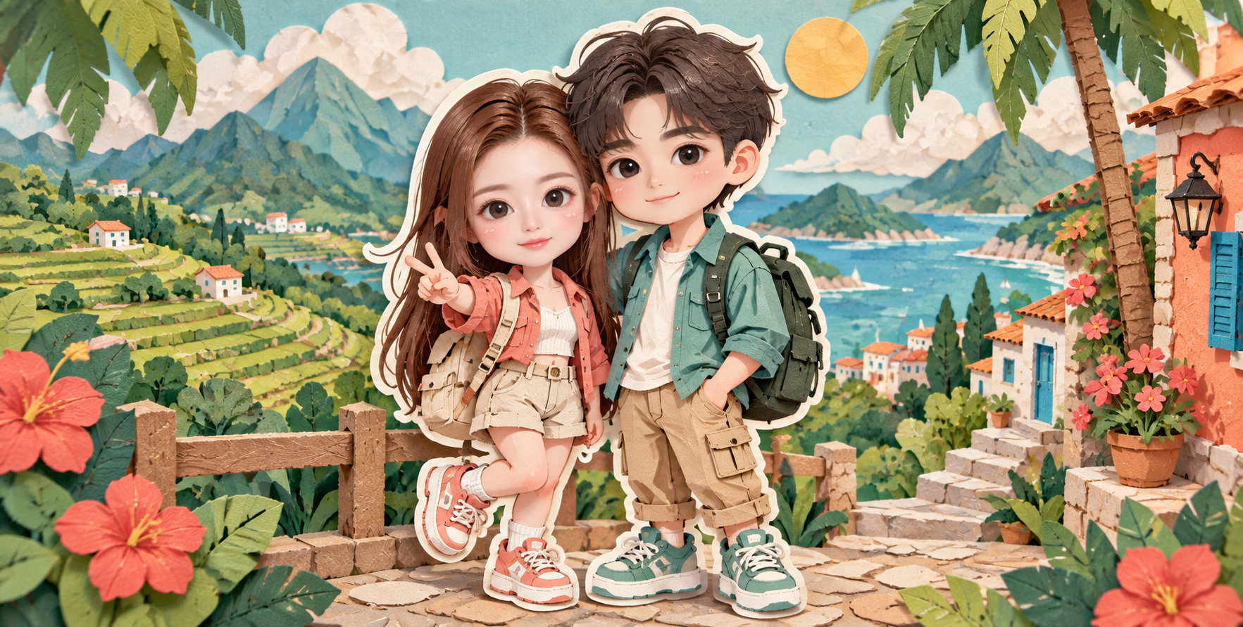 3D叠层纸雕可爱Q版少年少女插画 — AI image creation