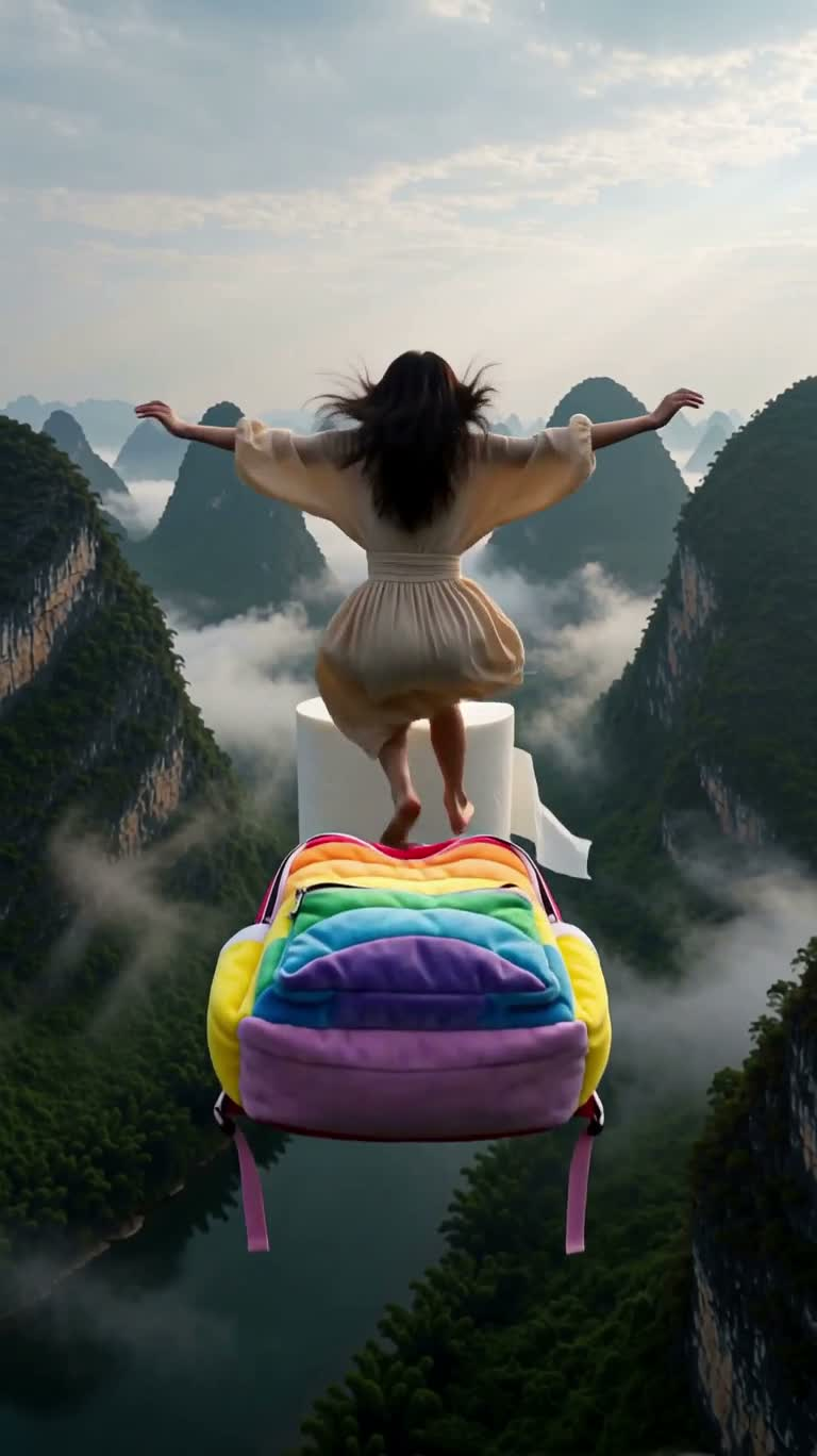 Parkour on Floating Objects Over Guilin's Deep Canyon — AI video creation
