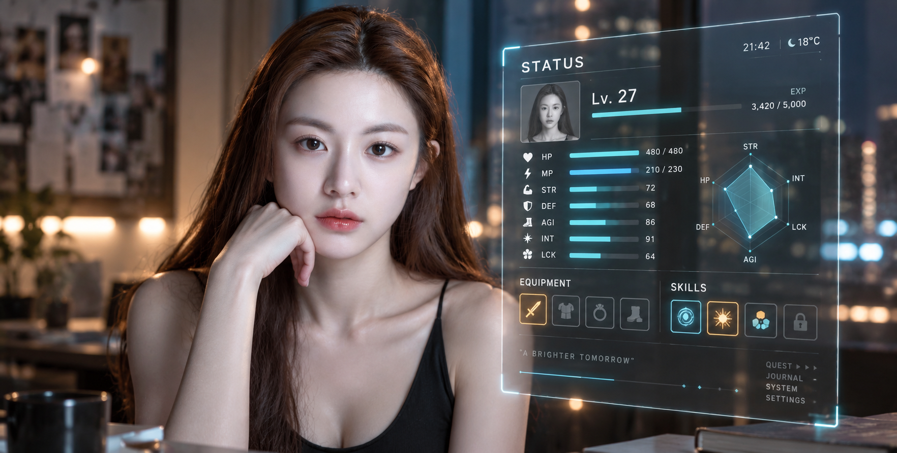 现实世界浮现的超逼真RPG状态面板 — AI image creation