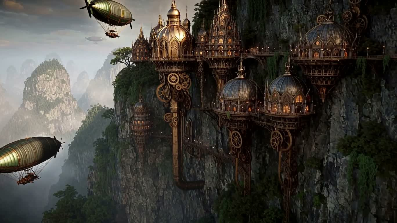Cliffside Steampunk City and Airship