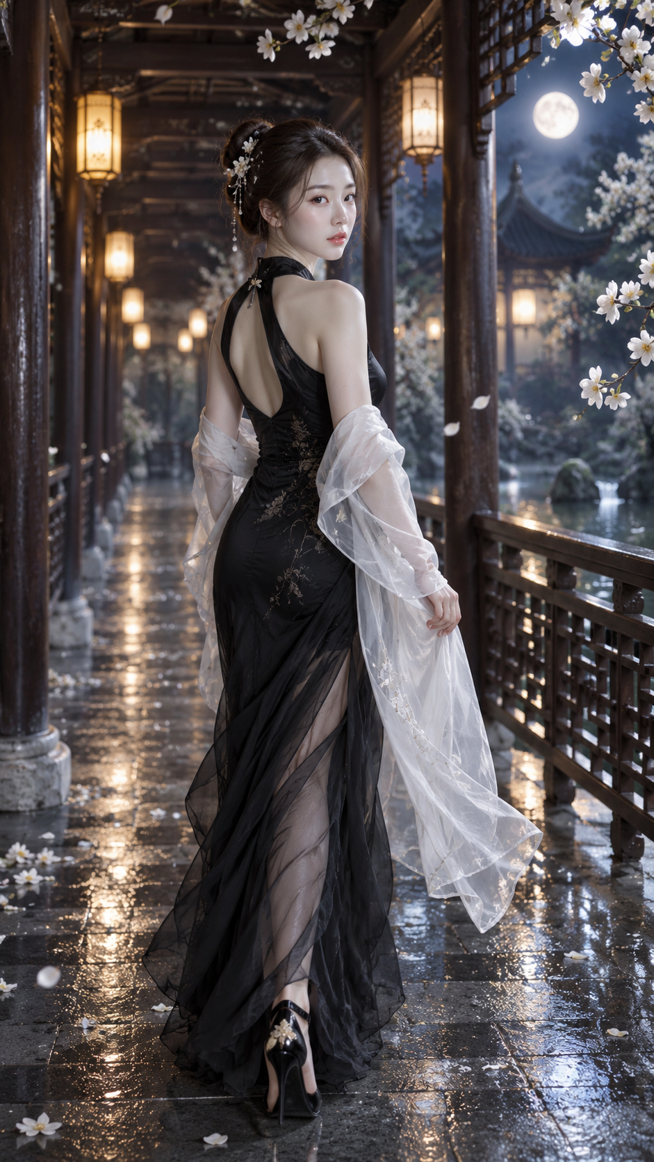 月光下古典回廊优雅女性 — AI image creation