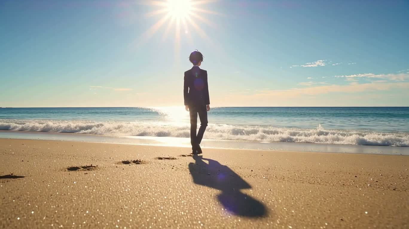 海辺を散歩するアニメキャラクター