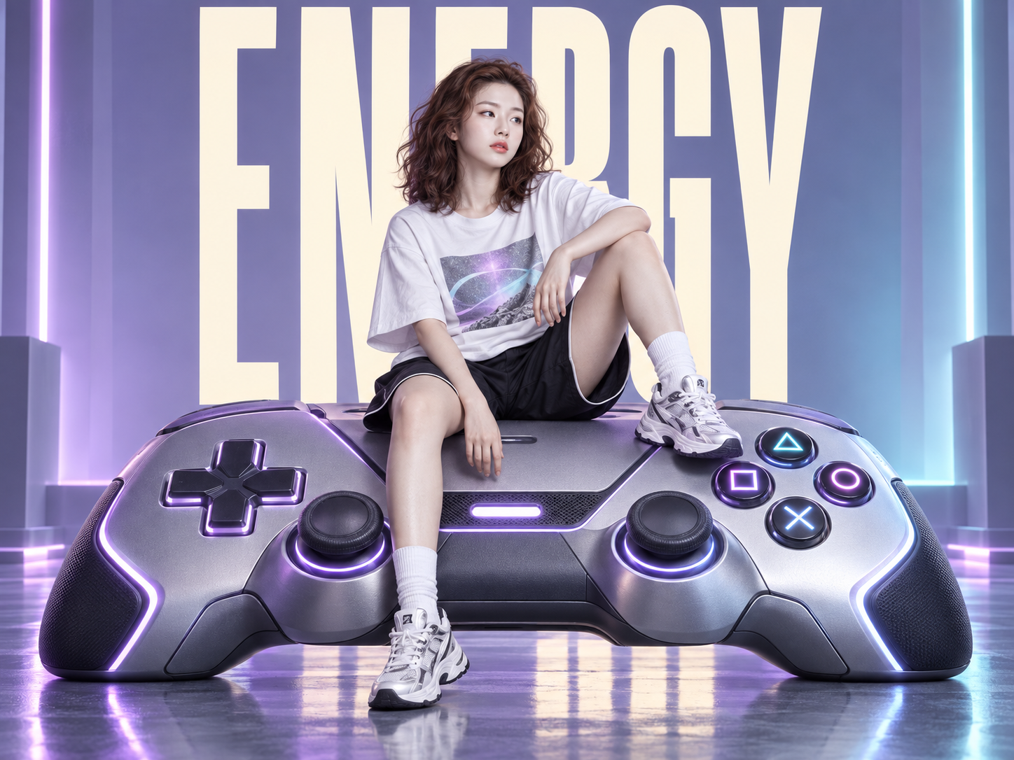 女孩坐巨型手柄时尚海报 — AI image creation