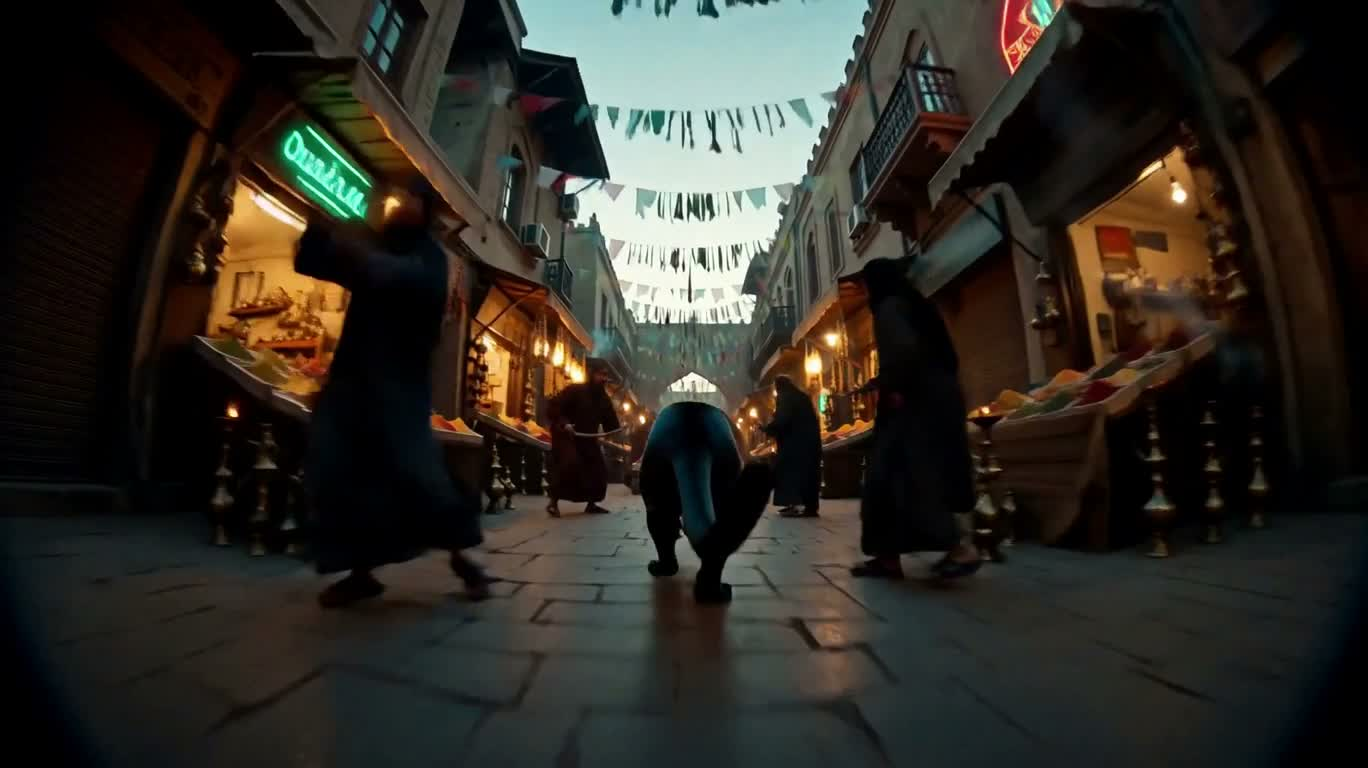 鱼眼镜头下的市集黑豹追踪 — AI video creation