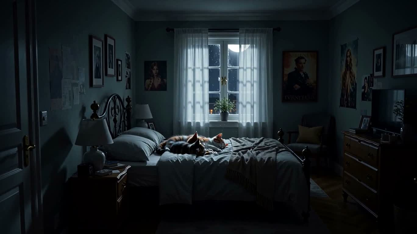 Trois chats dans une chambre gothique froide — AI video creation