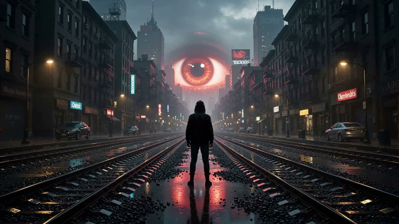 Yeux rouges et coureur par une nuit de pluie — AI video creation